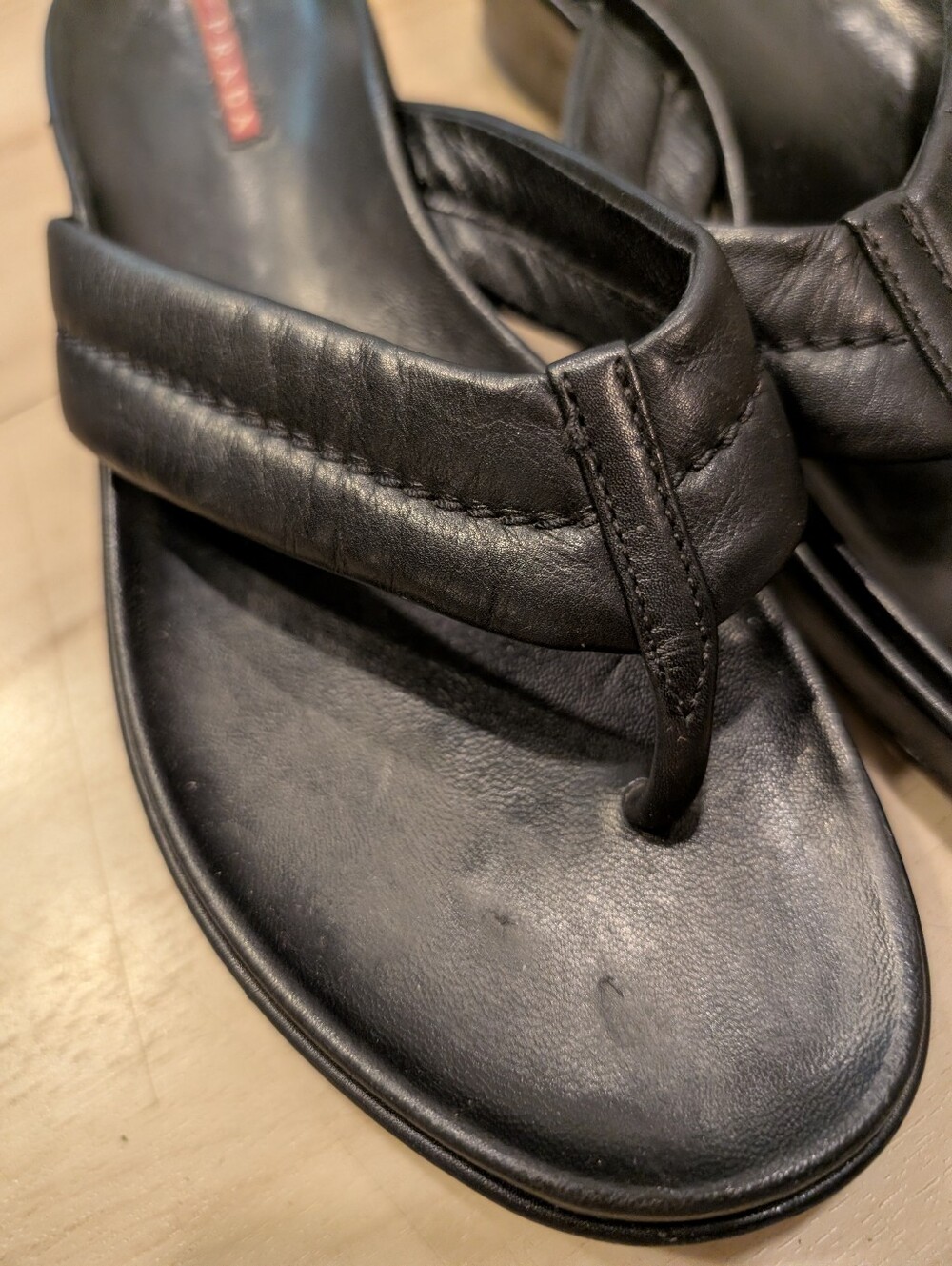 Prada Y2K Vintage Black Leather Thong Wedge Boho Coastal Summer Sandals Size 7 - Picture 8 of 10